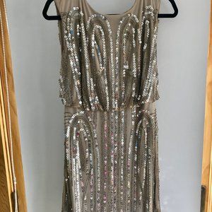 Sequin Blouson Dress Taupe bodice Silver sequins